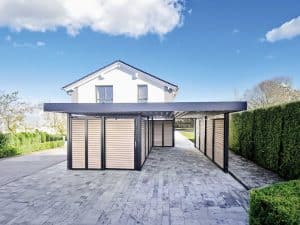 Carport von Siebau mit Geräteraum. Gebaut als Doppelcarport mit Dachunterverkleidung