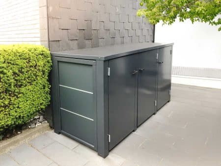 3er Mülltonnenboxen mit Seitenwänden in Optik Fassadenplatte