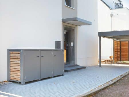 4er Mülltonnenbox mit Seitenwänden in Optik Holzlattung