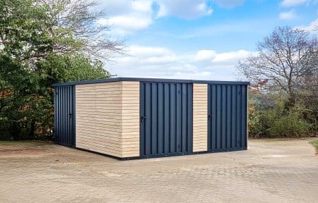 Gerätehaus Metall, Typ Gardenboxx. Aufbau als Kombination aus zwei Gerätehäusern