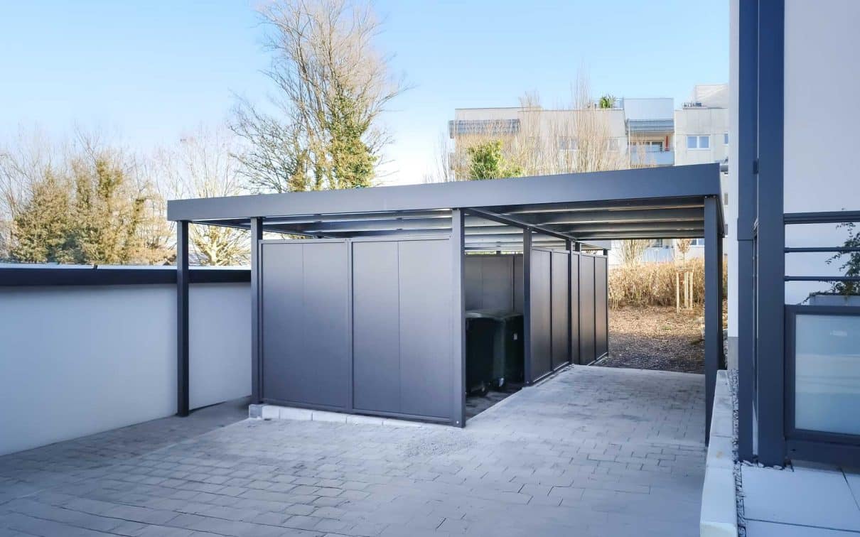 Carport Metall mit Geräteraum für Mülltonnen und Fahrräder